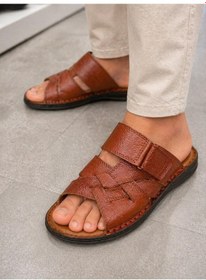 Resim Papucumun Dünyası Erkek Hakiki Deri Terlik Comfort Taban Kahverengi 