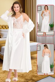 Resim Jenny Daphne 2 li Lady uzun kollu beyaz renkli tantel detaylı saten sabahlık takımı 15208 