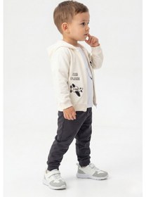 Resim Toontoy Kids Toontoy Erkek Çocuk 3'lü Eşofman Takımı Uzun Kollu Bisiklet Yaka Nakışlı T-shirt - Kapüşonlu Fermuarlı Hırka- Beli Paçası Lastikli Eşofman Altı 25052 Füme 