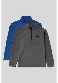 Resim Standart Kalıp Dik Yaka 2li Paket Koyu Gri-parlament Erkek Polar Sweatshirt - 88310 Koyu Gri - Mavi 