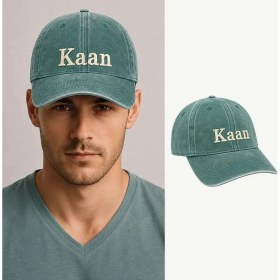 Resim Tesbihane Isme Özel Nakışlı Haki Vintage Stil Eskitme Kumaş Ayarlanabilir Unisex Beyzbol Şapkası 