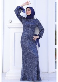 Resim Raika Moda Parıltılı Kol Detaylı Şimal Tesettür Büyük Abiye Lacivert 