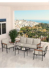 Resim Modern Serisi Bahçe Takımı, Bahçe Mobilyası, Metal Koltuk Takımı - 3+1+1 Sehpalı - Bendir Krem Krem 