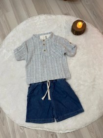 Resim Cg Kids Hakim Yaka Gömlek Fitilli Alt Mavi Jean Kumaş Kot Şort Be Lacivert - Gri 