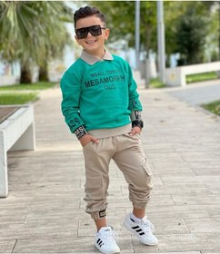 Resim Modavals Gömlek Yaka Sweatshırt Ve Gabardin Kargo Pantolon Erkek Çocuk Kombin Yeşil 