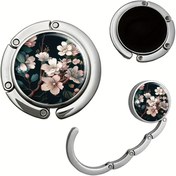 Resim Vintage Çiçekli Kiraz Çiçeği Çanta Askısı Kancası - Katlanabilir Metal El Çantası Kancası Karanlık Arka Planlı Masa ve Duvar İçin - Kadınlar için Eşsiz Hediye 