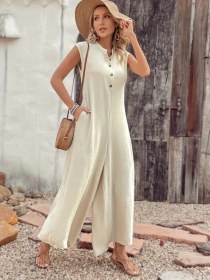 Resim Nova Bazaar Kadın Kısa Kollu Önden Düğmeli Paçaya Doğru Geniş Cepli Uzun Bürümcük Tulum Bej 