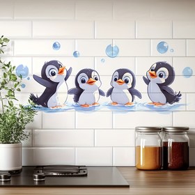 Resim 1 Adet Sevimli Su Oyunu Yapan Penguen Duvar Sticker - Mavi ve Beyaz PVC Dekor, Mutfak Banyo Duvar Süsü için Uygun, Yapıştır-Kopar Tasarım, Canlı Renklerde Penguen Çıkartması 