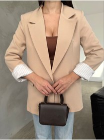 Resim Moda İkra Kadın Lila Astarlı Blazer Ceket Kol Içi Çizgili Katlama detaylı 