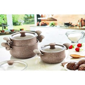 Resim Oms Granit Güveç Set 3lü Granit Mini Tencere Takımı Cam Kapaklı Kahve 