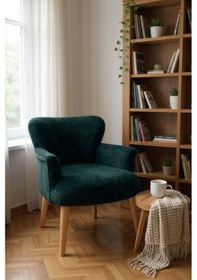 Resim Azra Mobilya Modern Yeşil Teddy Kumaş Rahat Berjer Tekli Koltuk Yumuşak Dokulu, Ahşap Ayaklı Haki 