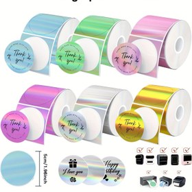 Resim Yuvarlak Holografik Termal Etiket Stickerları, Glitter Kendinden Yapışkanlı Etiket Kağıdı 50*50mm Yazılabilir/İsim/Fiyat Etiketi/DIY Özel Logo, P50/M110 M221 Etiket Makineleri ile Uyumlu 