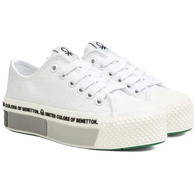 Resim United Colors of Benetton Kanvas Yüksek Taban Bağcıklı Spor Ayakkabı Beyaz-Gri Kadın Sneaker 