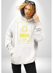 Resim Nirvana Müzik Grubu Kadın Erkek Beyaz Kapüşonlu Sweatshirt Hoodie Beyaz 