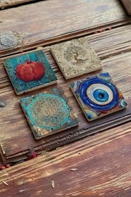 Resim Oscar Stone Decor Taş Bardak Altlığı Stone Coasters - 4Lü Set Hayat Ağacı Nar Yaşam Çiçeği Ba530 