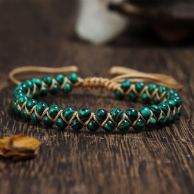 Resim Doğal Malakit Çift Bağlı Bileklik - Derin Yeşil Taşlı Örgülü Kordonlu, Kadın ve Erkekler için Ayarlanabilir Bohem Bilezik, Öğretmenler Günü, Şükran Günü, Doğum Günleri için Vintage Günlük veya Resmi Takı Hediyesi - Dayanıklı Mineral Malzeme 