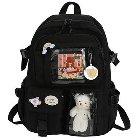 Resim Üniversite Öğrencisi Sırt Çantası Moda Okul Sırt Çantası Naylon Peluş Süsleme İğnesi Sevimli Kawaii Japon Tarzı Genç Kızlar İçin, Siyah, 40x30x11cm/15.75x11.81x4.33in Siyah 