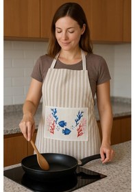 Resim Cepli Çizgili Mutfak Önlüğü Bej Balık Ve Mercan Desenli Ekru 