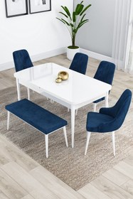Resim Canisa Kar Serisi, 80x132 Açılabilir Mdf Yemek Odası Takımı, Beyaz Masa 4 Gri Sandalye Ve 1 Bench 