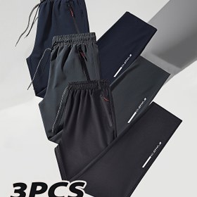 Resim 3'lü paket Erkek Büyük Beden Rahat Spor Pantolon, Polyester 100%, Hafif Esneklik, Düzenli Kesim, Dokuma Kumaş, Baskı Desen, Fermuar Detaylı 