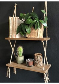 Resim O&Awood Halatlı Doğal Ahşap Dekoratif Duvar Rafı, 2 Katlı Ahşap Çiçeklik, (497953687) 