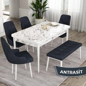 Resim Canisa Concept Eta Serisi 80 x 132 cm Açılabilir Mdf Mutfak Masa Takımı Beyaz Mermer Desen Masa 4 Sandalye ve 1 Bench 