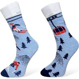 Resim 2'li Unısex Kayak Temalı Tasarımlı Esnek Nem Alabilen Pamuklu Spor Soket Çoraplar Çok Renkli 
