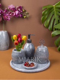 Resim MIARIK DESIGN & DEKORASYON Dekoratif Gri Oval Mermer Banyo Seti Takımı 5 Li Aksesuar Detaylı Tasarım Set 