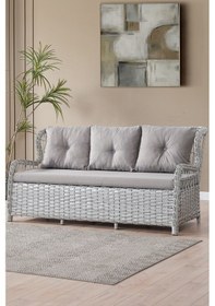 Resim Paris Rattan Puflu Bahçe Balkon Takımı 3+1+1 Cam Masalı Gri 