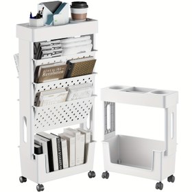 Resim 1 adet tekerlekli 2/5 katmanlı kitap saklama kutusu, masa montajı için kitap aracı, sınıf kitaplığı, öğrenci kitabı kılıfı, masaüstü ofis çalışma odası yatak odası oturma odası banyo çoklu kullanım alanı, Yardımcı Raflar 