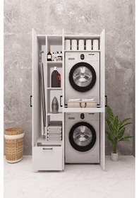 Resim Mdf Çamaşır Makinesi Ve Kurutma Makinesi Dolabı Ütü Masalı Kapaklı Beyaz 