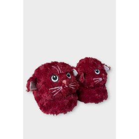 Resim Kadın Sevimli Kedi Figürlü Peluş Panduf Bordo 