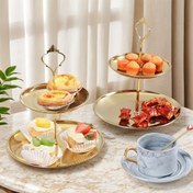 Resim İki katlı altın paslanmaz çelik cupcake standı, paslanmaz çelik cupcake gösteri kulesi, tatlı tabakları, meyve tepsi, şeker gösteri rafı, Noel ve çay partisi masa dekorasyonları, düğün parti masa dekorasyonu, bayram tatlı standları, hanuka, halloween, paskalya ve şükran günü için tatlı standları. 