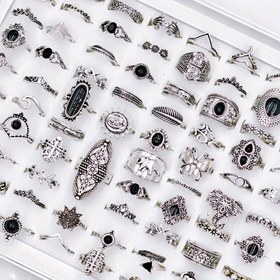 Resim 50 adet Bohemian Vintage Alaşım Kadınlar için Yüzük - Geometrik Damlama Yağı Siyah Renk, 15mm-19mm Boyutlar, Karışık Parmak Yüzük Seti, Günlük Giyim ve Hediye için İdeal, Kutu Dahil Değil, Günlük Giyim Takı|Bohemian Tarzı Yüzükler|Alaşım Takı 