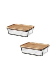 Resim 2 Parça Bambu Kapaklı Vakumlu Cam Saklama Kabı 1lt 21x15x7cm Şeffaf 