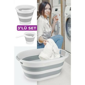 Resim Pratik Katlanır Çamaşır Sepeti Kova ve Maşrapa Seti Gri 3'lü Set 
