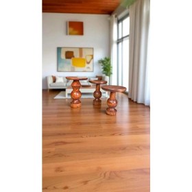 Resim Ahşap Mantar Sehpa 3lü Fındık Renk Doğal Zigon Fiskos Takımı 