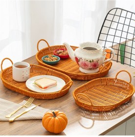 Resim Porsima 708d Oval 3'lü Hasır Tepsi Dekoratif Sunum Servis Tepsisi 