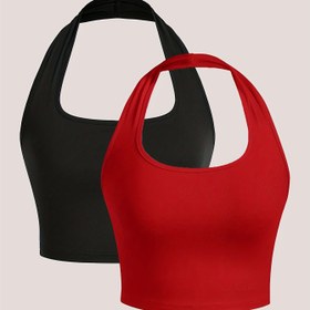 Resim 2 adet Kadın Halter Yaka Tank Top - Seksi ve Rahat Crop Spor Tankları Siyah ve Kırmızı, Orta Esneklikli Kumaş, Yaz Kıyafetleri, Egzersiz Ekipmanları için Mükemmel | Şık Tank Top | Parlak Bitiş 