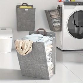 Resim 1 adet Duvara Asılı Sepet, Kirli Giysi Saklama Sepeti, Banyo, Yatak Odası, Oturma Odası için Ev Katlama Çamaşır Sepeti, Ev Düzenleme, Çamaşır Odası için Çamaşır Düzenleme ve Depolama Malzemeleri 