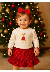 Resim Kız Bebek Organik Yılbaşı Temalı Etekli Takım-16443 Kırmızı 