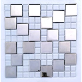 Resim Mutfak Tezgah Arası ve iç Dekorasyonda Tüm Yüzeyler Için, 23X23-48X48 Beyaz-Gümüş Krom Mix. 30X30 cm. Fileli Kristal Cam Mozaik. ( 11 File Karo = 1 M2 Fiyatıdır ) 