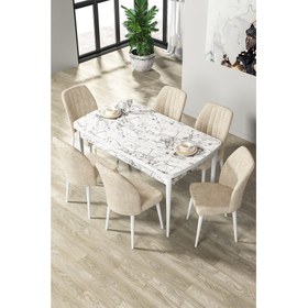 Resim Canisa Concept Par Serisi 70 x 114 Cm, Açılabilir Mdf Mutfak Masa Takımı, Beyaz Mermer Desen Masa ve 6 Sandalye 