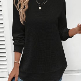 Resim Kadınlar İçin Asimetrik Etekli ve Hafif Dokulu Yuvarlak Yaka Uzun Kollu Tişört - Yumuşak Pembe Renk, Makinede Yıkanabilir, Sonbahar/Kış Temel Parça 