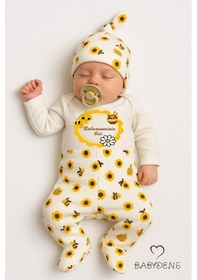Resim Babyden's Babaannesinin Balı Yazılı 3lü Bebek Takımı Arı Desenli Şapkalı Patikli Bebek Takımı Uzun Kol Unisex Ekru 