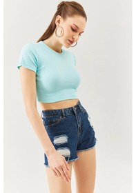Resim Butikgiz Kadın Kısa Kol Bisiklet Yaka Vücuda Oturan %100 Pamuklu Kaşkorse Esnek Crop Bluz Aqua 