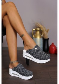 Resim Kamuflaj Desenli Kadın Ortopedik Sabo Terlik Füme - Gri 