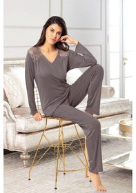 Resim Faal 8618 Kadın Uzun Kollu Dantel Detaylı Pijama Takımı-füme Füme 