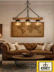 Resim Genel Markalar Rustik Nigrum Halatlı Ahşap Avize Retro Otantik Ahşap Doğal Kütük Halatlı 3'lü Avize 