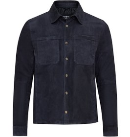 Resim Enzo Men's Navy Shirt Collar Suede Leather Jacket 
